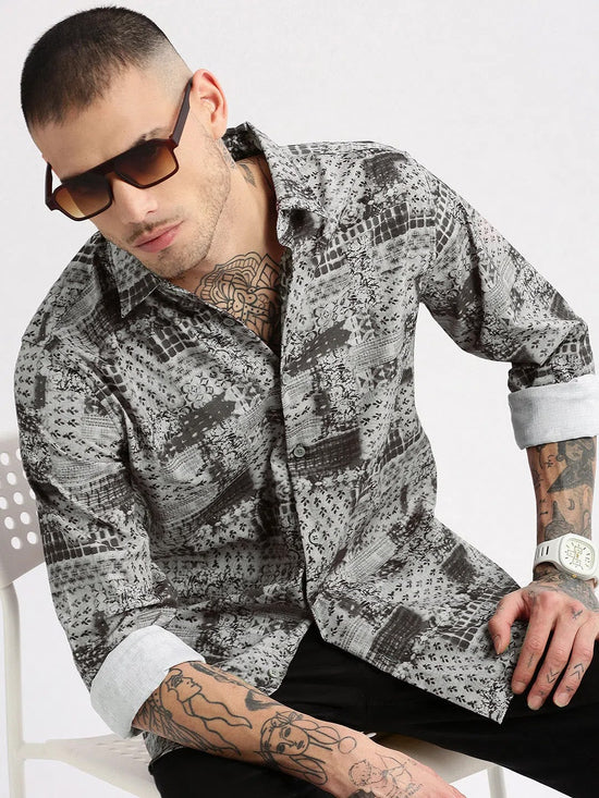 Men Spread Collar Abstract Grey Casual Shirt-PELSIC-2251-Grey