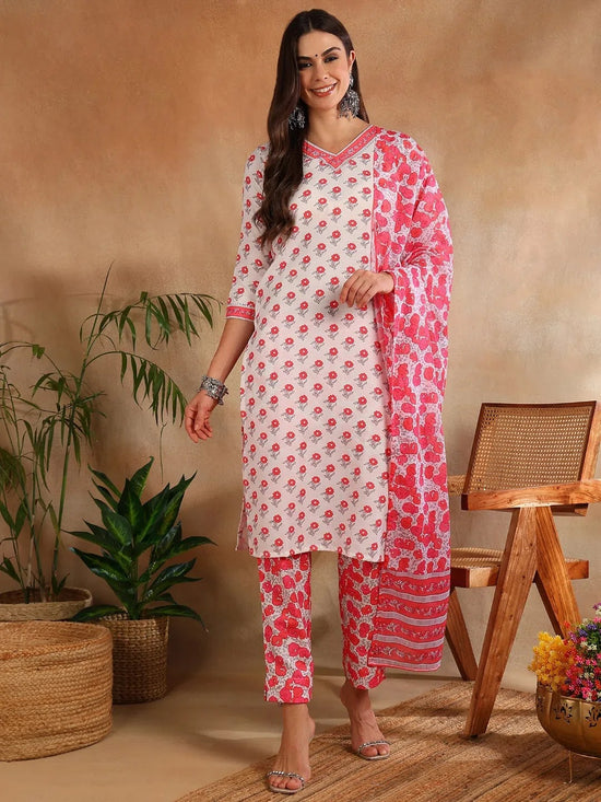 Ahika Women White Rayon Blend Floral Printed Straight Kurta Trouser With Dupatta-VKSKD2245