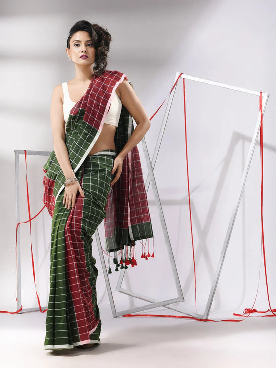 Green Cotton Saree With Check Designs-MA55CT06520139