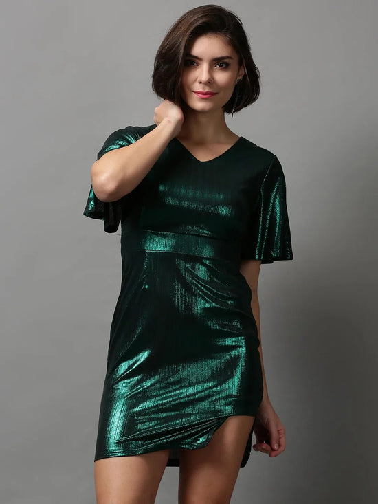 Women's Green Solid Sheath Dress-AJ-263-Green