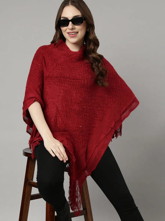 Women Chevron Maroon Longline Poncho-CHN-9971-6-Maroon