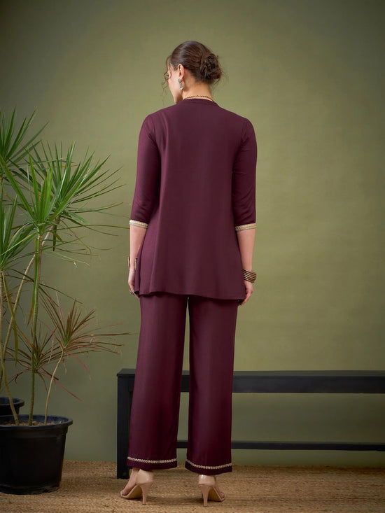 Women Burgundy Rayon Mirror Embroidered Shirt With Palazzos