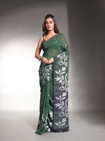 Dark Green Pure Cotton Soft Saree With Nakshi Designs-MA54CT041380007