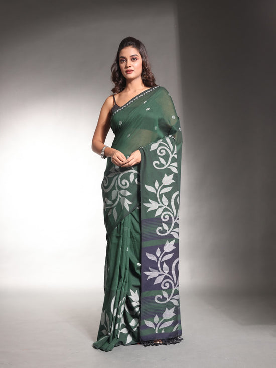 Dark Green Pure Cotton Soft Saree With Nakshi Designs-MA54CT041380007