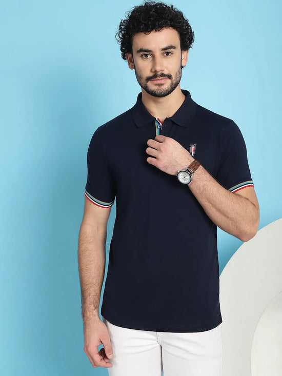 Venitian Men Double Mercerised Solid Polo Neck Navy T-Shirt for Men