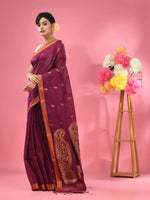 Purple Cotton Blend Handwoven Saree With Paisley Motifs-MA51BCT431270022