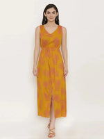 Block Printed Front overlap Maxi dress in Mustard