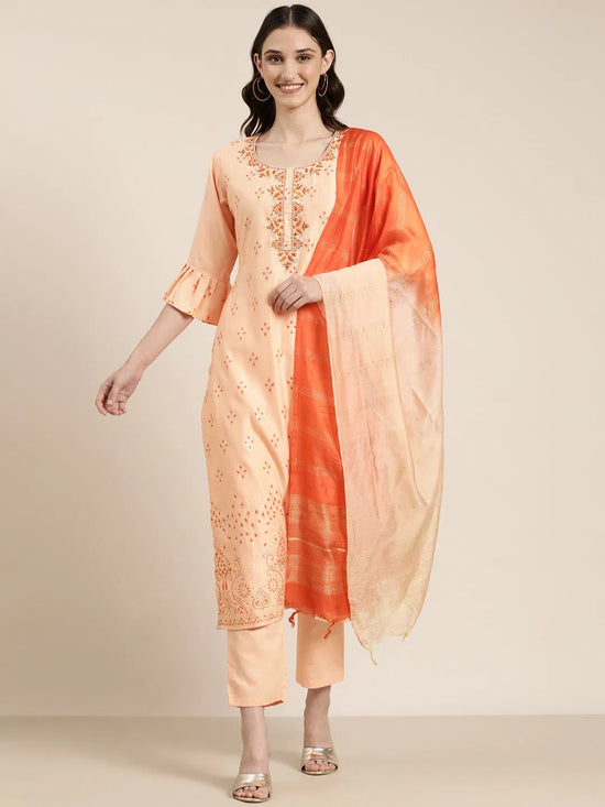 Women Peach Floral Kurta Set-AN-014-Peach