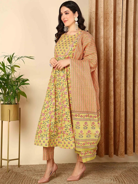 Ahika Women Yellow Cotton Printed Anarkali Kurta Pant Set