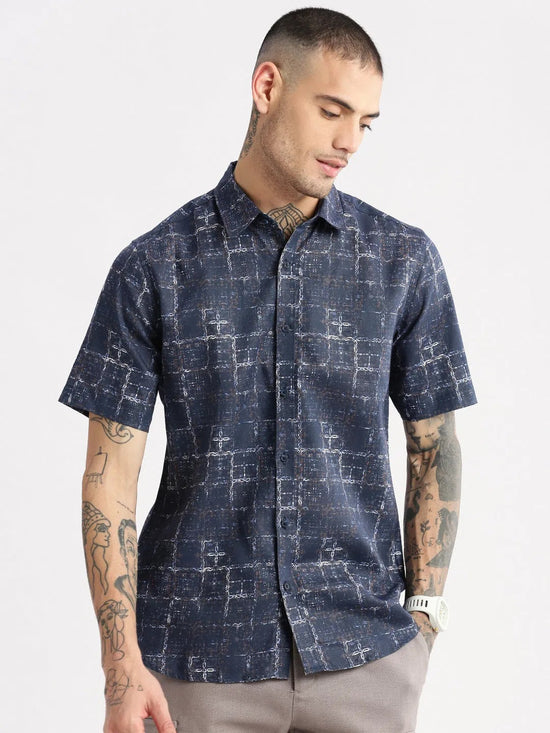 Men Spread Collar Abstract Navy Blue Casual Shirt-NAHAR-2182-Navyblue