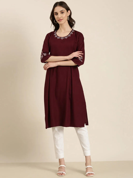 Women Burgundy Solid Straight Kurta-DF-1202-Burgundy