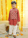 BownBee Boys Pure Cotton Printed Kurta Pajama with Jacket - Red