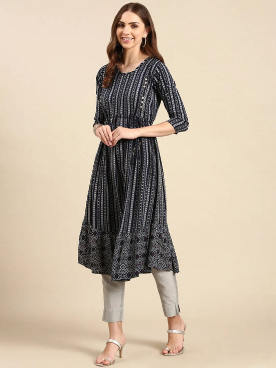 Women's Navy Blue Printed Anarkali Kurta-KG-581-Navyblue