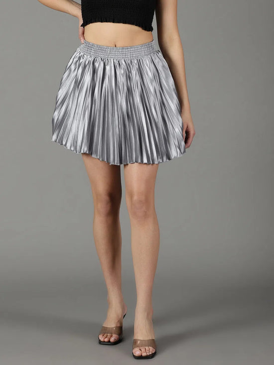 Women's Grey Solid Flared Skirt-AE-10349-Grey