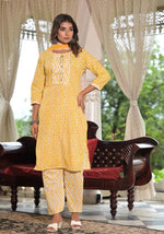 Mustard Ethnic Motif Printed Cotton Kurta, Pant And Dupatta Set With Lace & Buttons-J4912OT3MUSTARD