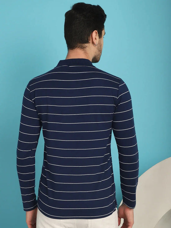 Venitian Men Striped Polo Neck Full Sleeves Blue T-Shirt Wih Pocket