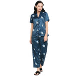 Smarty Pants Women's Silk Satin Teal Blue Color Baby Elephant Printed Night Suit