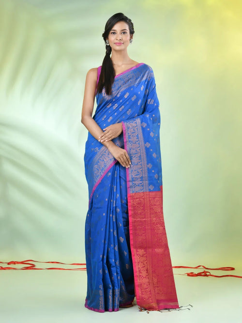 Sky Blue Cotton Saree With Zari Borders-MA66BCT43830043