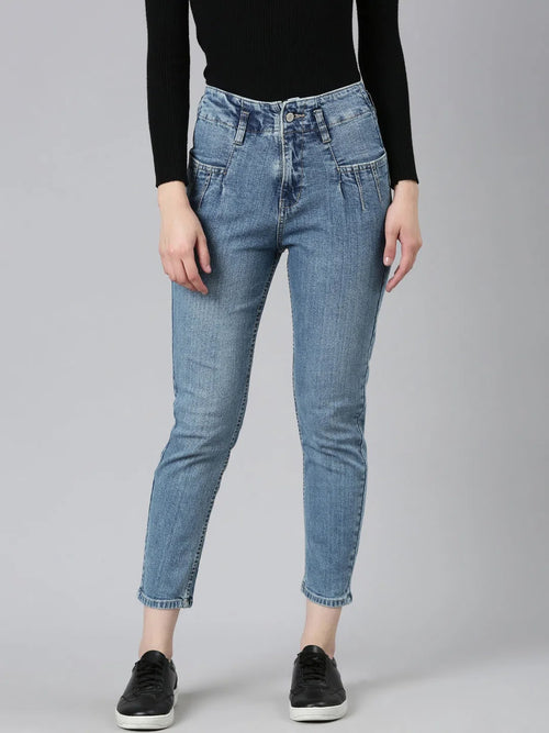 Women Blue Solid Mom Fit Denim Jeans-GZ-5497-1-Blue