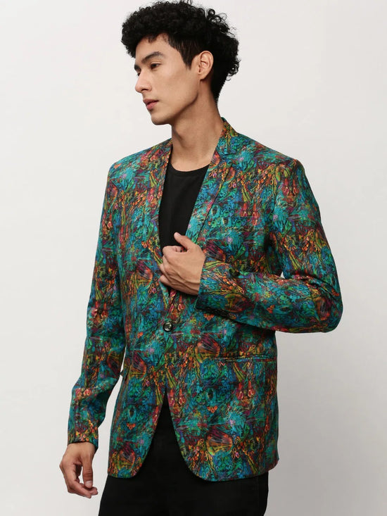 Men Blue Printed Casual Blazers-SOBLZ-080-9-Turquoiseblue