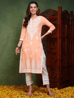 Ahika Women Peach Viscose Rayon Solid Embroidered Chikankari Straight Kurta