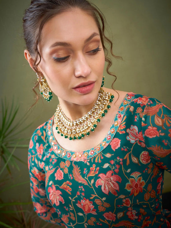 Women Teal Green Floral Anarkali Kurta