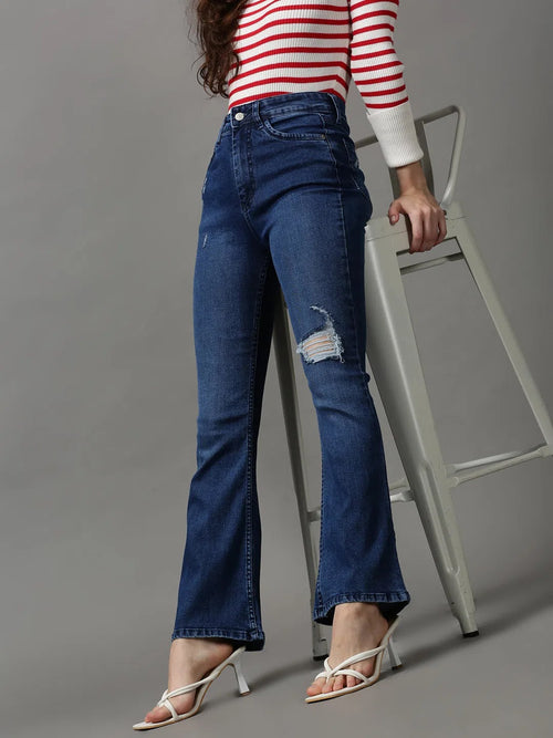 Women's Navy Blue Solid Bootcut Denim Jeans-GZ-5338-Navyblue