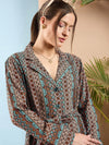 Women Turquoise Geometrical Notch Collar Shirt With Flared Pants