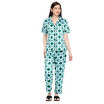 Smarty Pants Women's Silk Satin Green & White Color Geometric Printed Night Suit