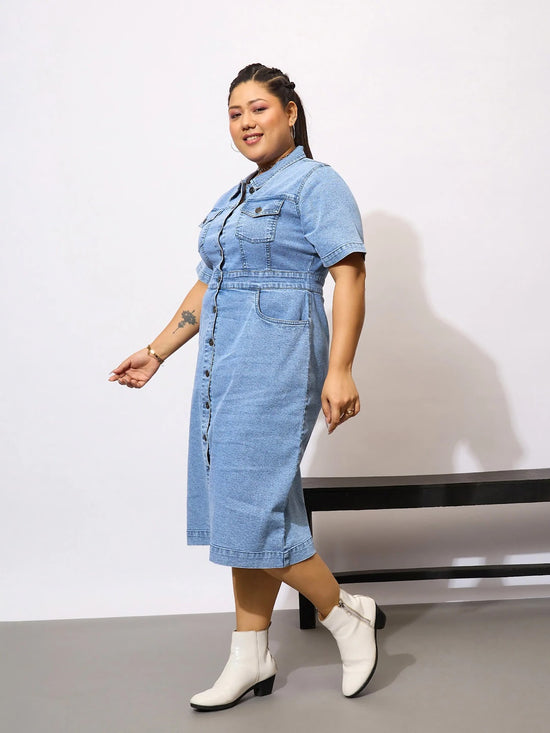 Women Navy Denim Acid Wash Front Button Shirt Dress