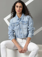 Women's Blue Solid Denim Jacket-GZ-5478-Blue