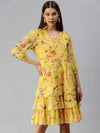 Women's Yellow Printed Fit and Flare Dress-DW-1244-Yellow