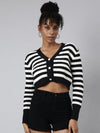 Women Striped Black Crop Cardigan-CHN-9988-Black