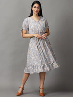 Women's Grey Floral Fit and Flare Dress-KG-4099-Grey