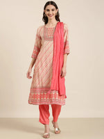 Women Beige Striped Kurta Set-GW-3738-Beige