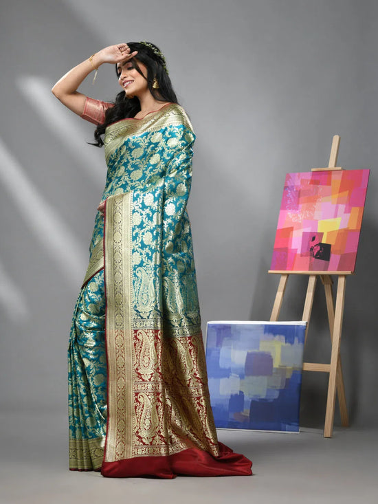 Teal Blue Silk Banarasi Saree With Zari Woven Floral And Paisley Designs-MA52BSL441050016