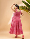 Women Pink Geometric Tie Up Tiered Dress