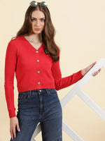 Women's Red Solid Front-Open Sweater-CHN-82008-Red