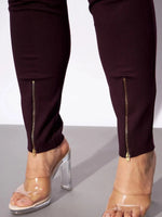 Women Burgundy Metal Zipper Hem Detail Pants