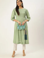 Women's Green Embroidered A-Line Kurtas-ON-534-Green