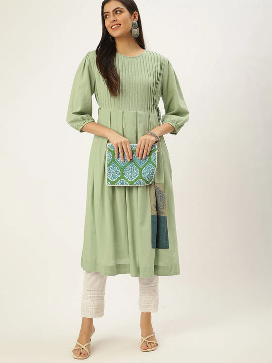 Women's Green Embroidered A-Line Kurtas-ON-534-Green