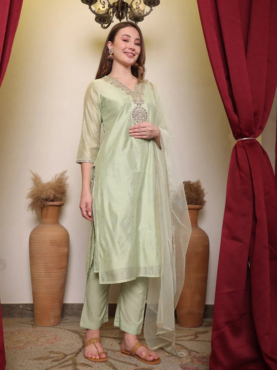 Avanshee Women's Latest Embroidred Chanderi Kurta, Pant With Dupatta Set-ES-7538-Pista Green