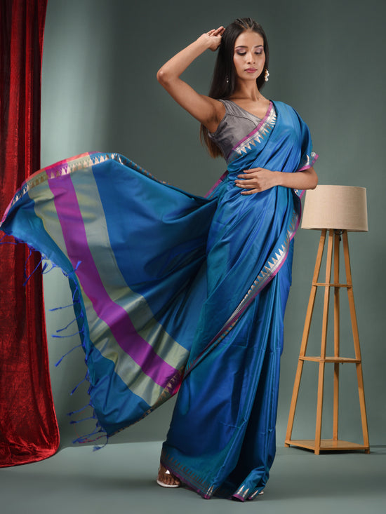 Cobalt Blue Blended Silk Handwoven Saree With Temple Zari Border-MA50BSL01660151