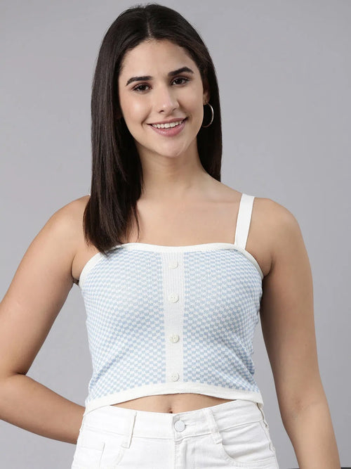 Shoulder Straps Checked Sleeveless Blue Crop Tank Top-CHN-23179-Blue