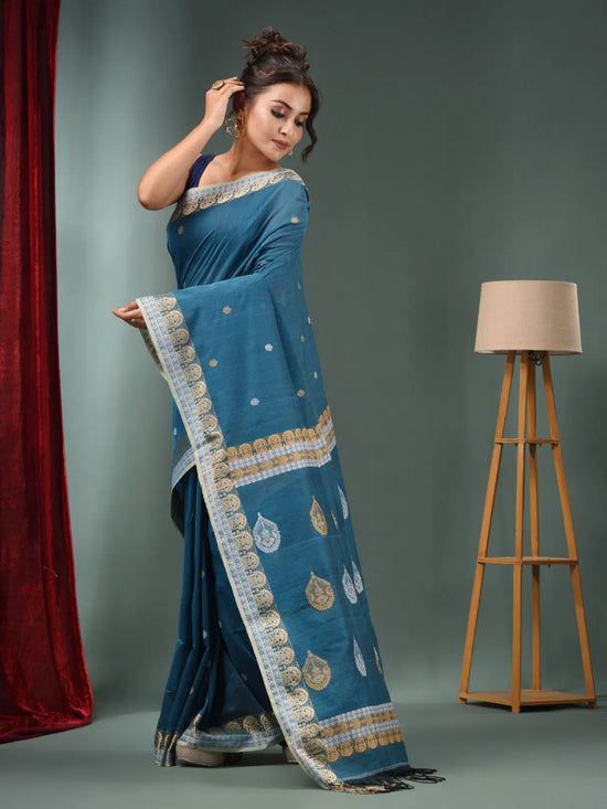 Yale Blue Cotton Handwoven Saree With Woven Designs-MA50CT061410089