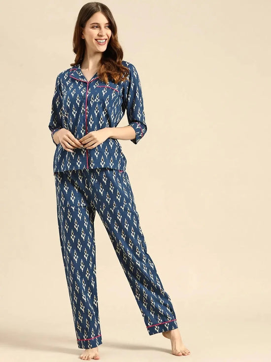 Shirt with Pyjama Set in Blue Ikkat Print