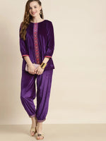 Purple Embroidered Cuff Hem Velvet Pants