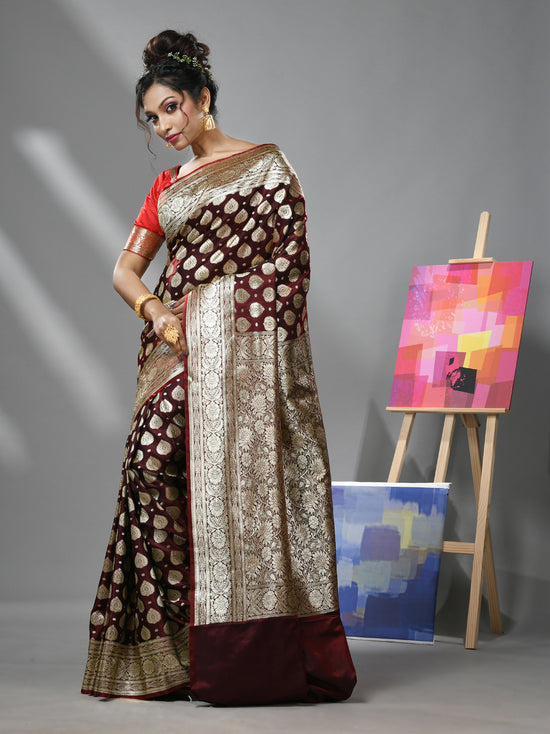 Maroon Silk Banarasi Saree With Damask Motifs And Woven Degins-MA52BSL441050096