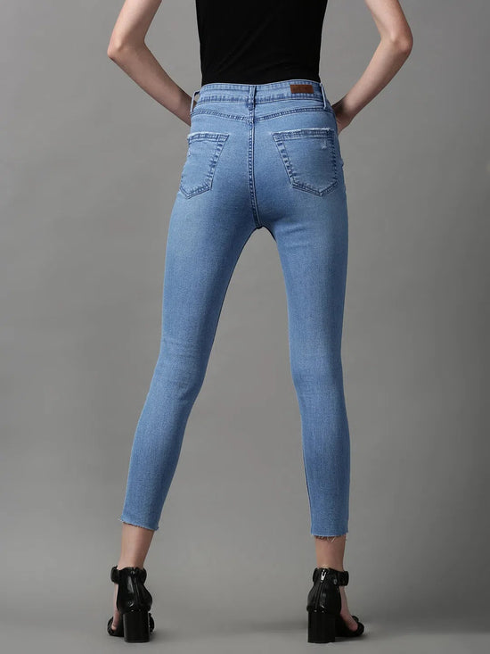 Women's Blue Solid Skinny Fit Denim Jeans-GZ-5189-Blue