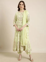 Women Anarkali Green Floral Kurta and Trousers Set Comes With Dupatta and Potli Bag-GW-3370-Green